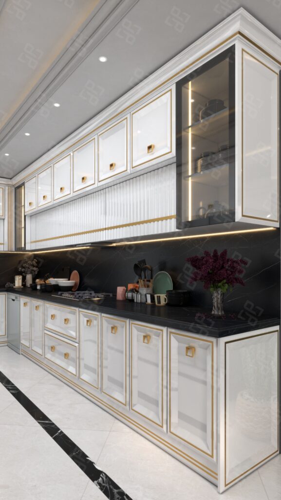 طراحی کابینت پولیشی سفید + استیل طلایی