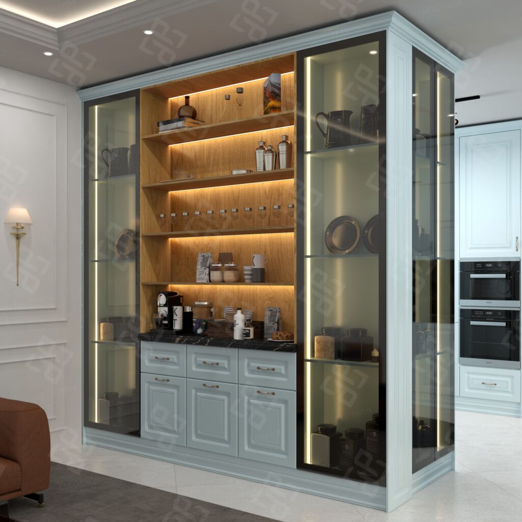 طراحی کابینت نئو کلاسیک با رنگ ابی درباری خاص و زیبا این سبک کابینت با رنگ پلی اورتان تولید میشود