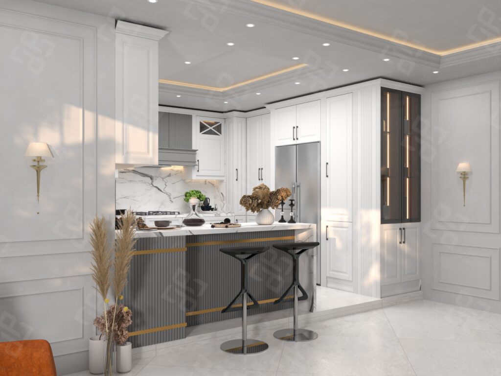 طراحی کابینت نئوکلاسیک سفید + طوسی