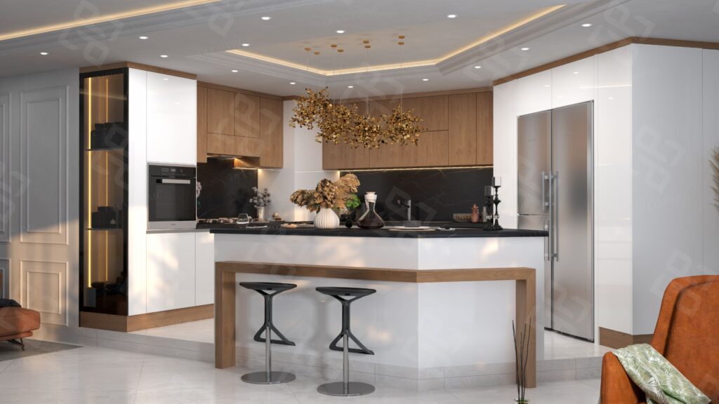 طراحی کابینت مدرن سفید + رنگ چوب