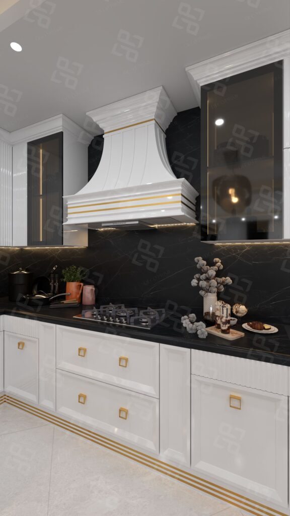 طراحی کابینت سفید پولیشی + استیل طلایی